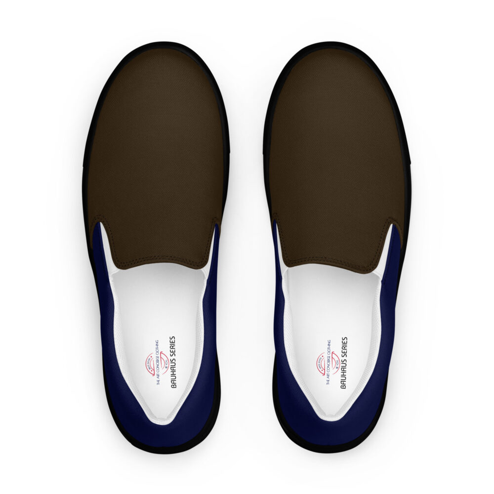 The Bauhaus Series (Chocolate and Friends) Women’s Slip-on Deck Shoes chocolate navy blue black front art concierge clothing jpg