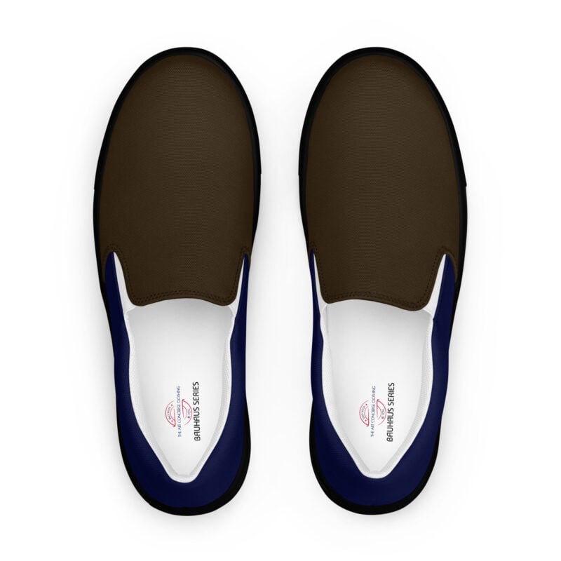 The Bauhaus Series (Chocolate and Friends) Women’s Slip-on Deck Shoes chocolate navy blue black front art concierge clothing jpg