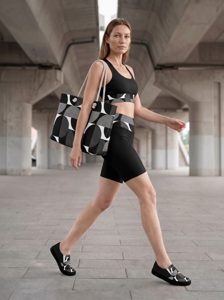 Claire The Bauhaus Series (Black Circles) Longline Sports Bra Biker Shorts Weekender Bag Canvas Deck Shoes black white front art concierge clothing jpg