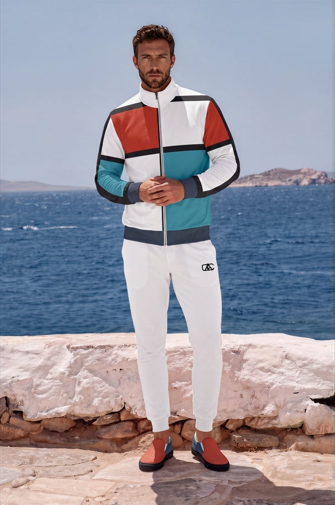 Marcus Azure Coast The Art Series (Ode to Saint Laurent) 4 Track Jacket Fleece Joggers Canavs Deck Shoes persimmon red and green front art concierge clothing jpg Marcus Azure Coast The Art Series (Ode to Saint Laurent) 4 Track Jacket Fleece Joggers Canavs Deck Shoes persimmon red and green front art concierge clothing jpg