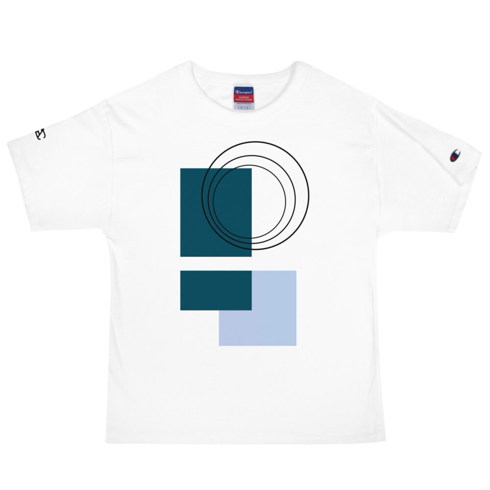 The Bauhaus Series (Grey and Teal) Champion T-Shirt teal blue white front art concierge clothing jpg