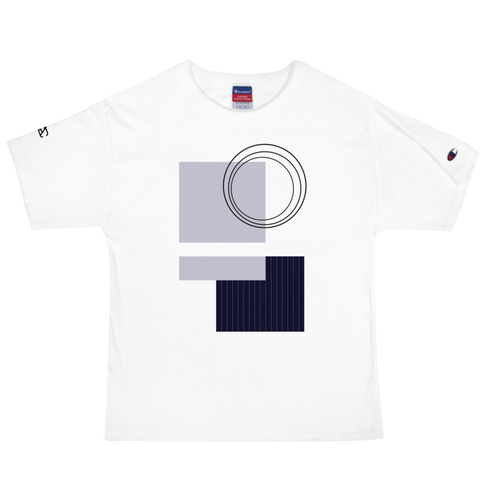 The Stripes Series (Pinstripes) Champion T-Shirt blue pinstripes white front art concierge clothing jpg