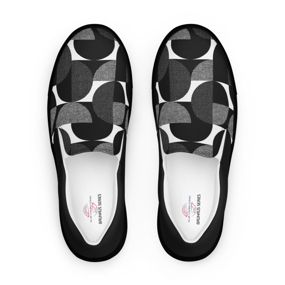 The Bauhaus Series (Black Circles) Men’s Slip-on Canvas Shoes white black front art concierge clothing jpg