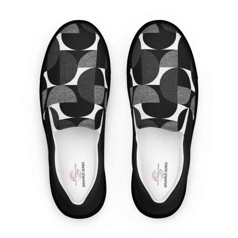 The Bauhaus Series (Black Circles) Men’s Slip-on Canvas Shoes white black front art concierge clothing jpg