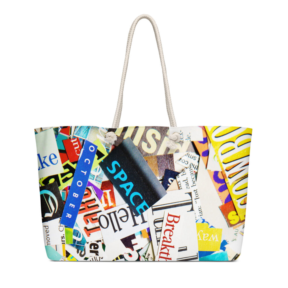 The Art Series (Headlines) Weekender Bag yellow blue white 24x13 front art concierge clothing jpg