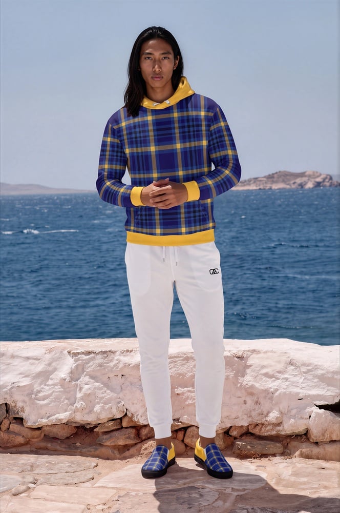 Callum Azure Coast The Tartan Series (Yellow and Blue) Hoodie Fleece Joggers Men’s Slip on Canvas Shoes yellow blue black front art concierge clothing jpg Callum Azure Coast The Tartan Series (Yellow and Blue) Hoodie Fleece Joggers Men’s Slip on Canvas Shoes yellow blue black front art concierge clothing jpg