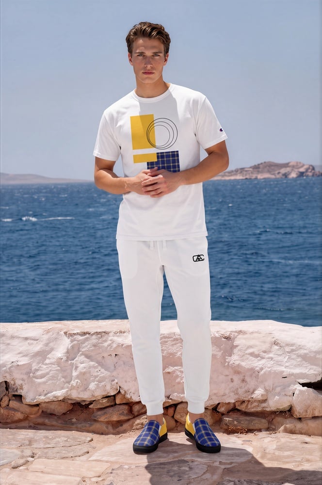Chace Azure Coast The Tartan Series (Yellow and Blue) Champion T shirt Fleece Joggers Men’s Slip on Canvas Shoes yellow blue black front art concierge clothing jpg Chace Azure Coast The Tartan Series (Yellow and Blue) Champion T shirt Fleece Joggers Men’s Slip on Canvas Shoes yellow blue black front art concierge clothing jpg