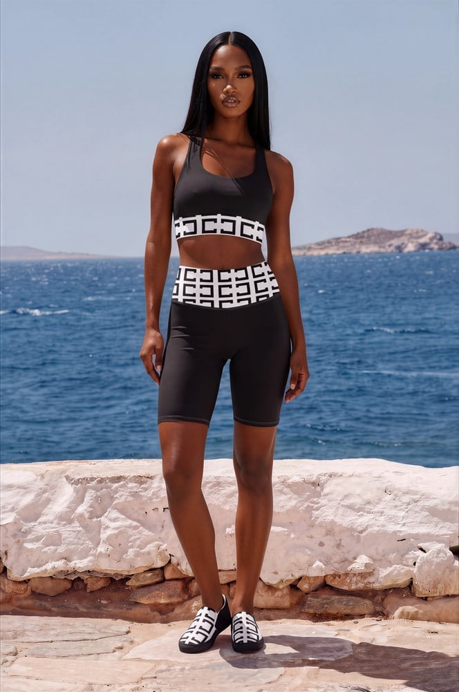 Imogen Azure Coast The Art Series (C Shape) Longline Sports Bra Biker Shorts Women’s Slip on Canvas Shoes white black front art concierge clothing jpg Imogen Azure Coast The Art Series (C Shape) Longline Sports Bra Biker Shorts Women’s Slip on Canvas Shoes white black front art concierge clothing jpg