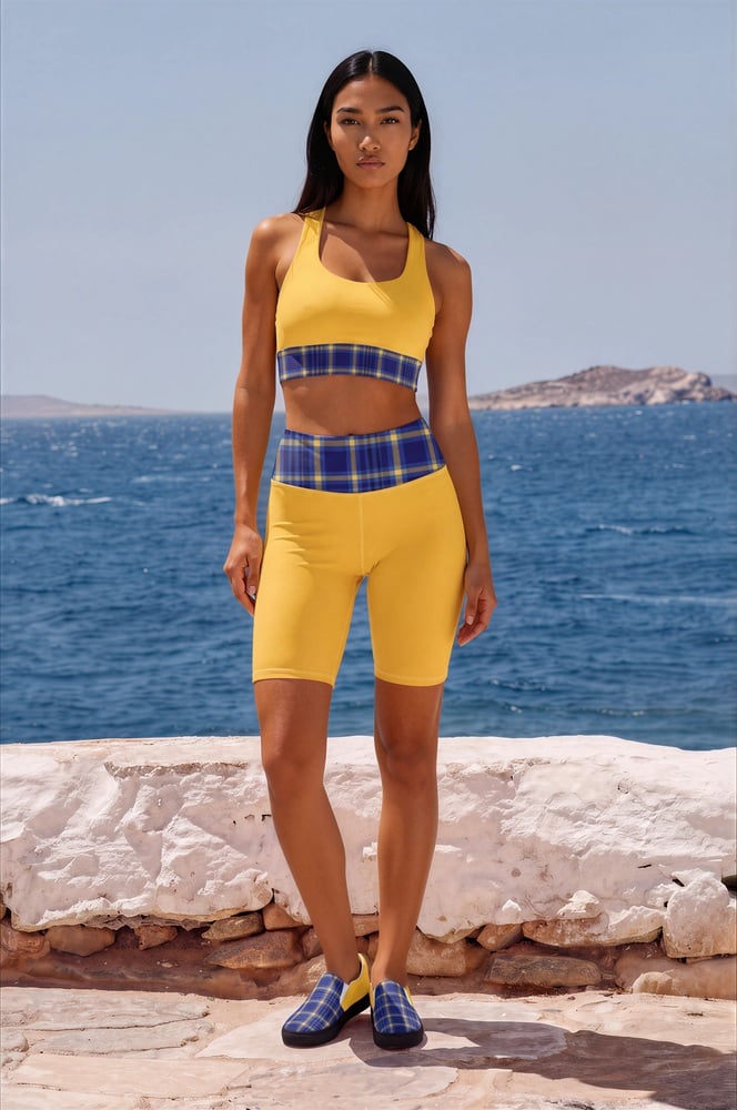 Kaia Azure Coast The Tartan Series (Yellow and Blue) Longline Sports Bra Bike Shorts Women’s Slip on Canvas Shoes yellow blue black front art concierge clothing jpg Kaia Azure Coast The Tartan Series (Yellow and Blue) Longline Sports Bra Bike Shorts Women’s Slip on Canvas Shoes yellow blue black front art concierge clothing jpg