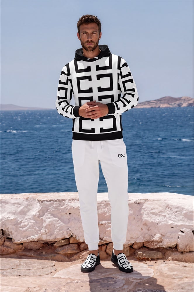 Marcus Azure Coast The Art Series (C Shape) Hoodie Fleece Joggers Men’s Slip on Canvas Shoes white black front art concierge clothing jpg Marcus Azure Coast The Art Series (C Shape) Hoodie Fleece Joggers Men’s Slip on Canvas Shoes white black front art concierge clothing jpg