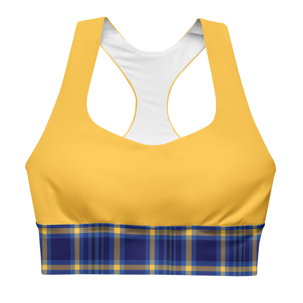 The Tartan Series (Yellow and Blue) Longline Sports Bra yellow blue white front art concierge clothing jpg