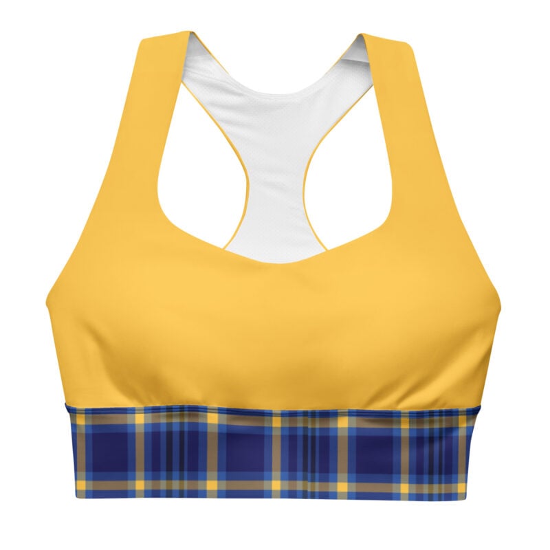 The Tartan Series (Yellow and Blue) Longline Sports Bra yellow blue white front art concierge clothing jpg
