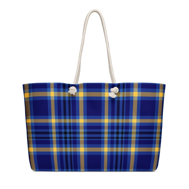 The Tartan Series (Yellow and Blue) Oversized Weekender Bag yellow blue white 24x13 front art concierge clothing jpg